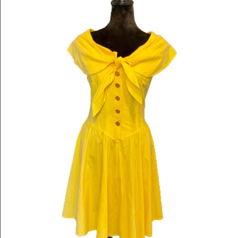 1980s Nautical Military Dress Sunny Yellow Pockets Fit and Flare Vintage Collar - Picture 4 of 8